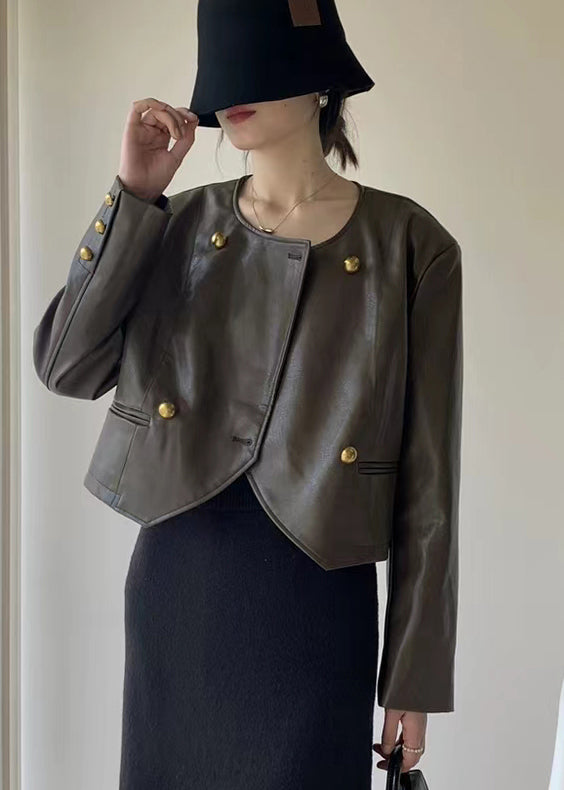 Brown O Neck Button Patchwork Faux Leather Jacket Fall