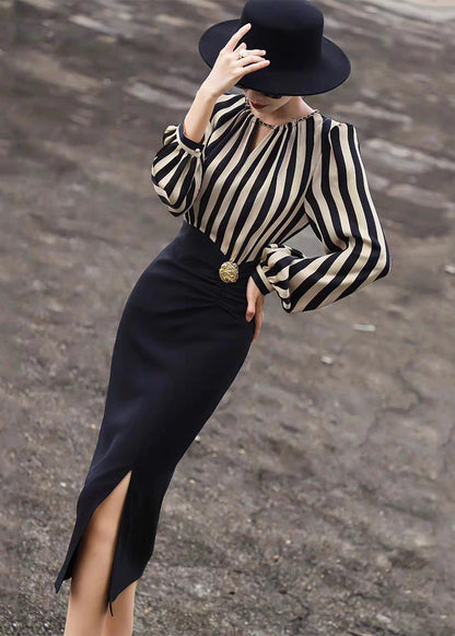 Striped Side Open Patchwork Cotton Long Dress Fall