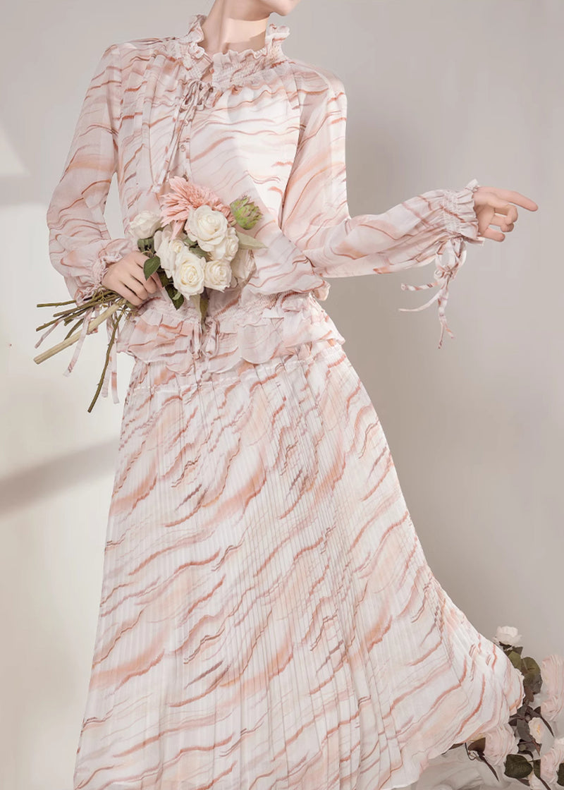 Ruffled Striped Chiffon Shirts and Maxi Skirts Two-piece Set Fall