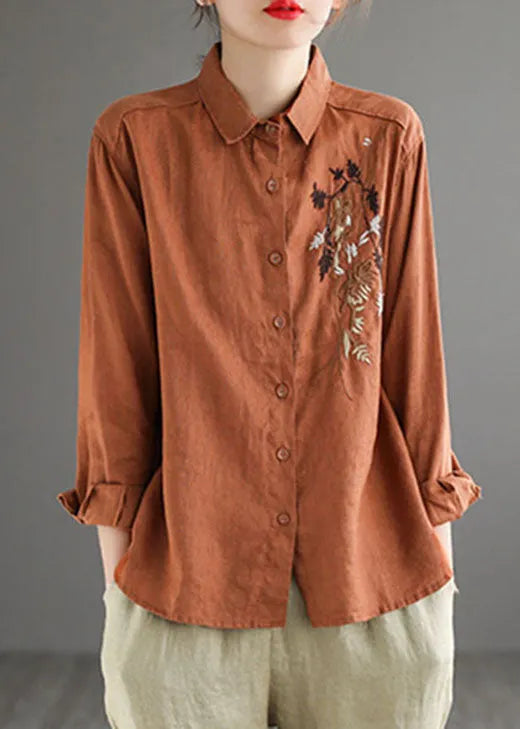 Caramel Peter Pan Collar Button Linen Shirt Long Sleeve