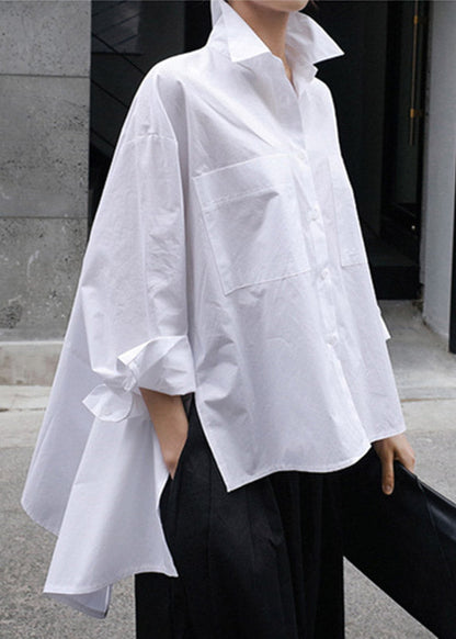 Natural White Peter Pan Collar Low High Design Button Pockets Cotton Shirts Long Sleeve Spring