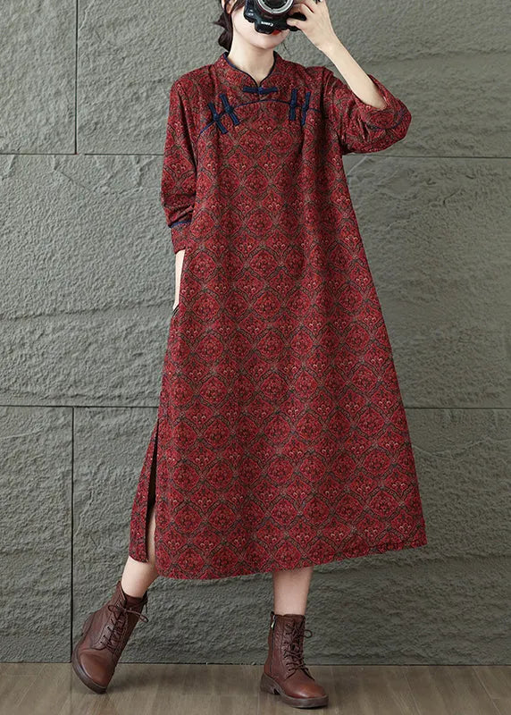 Red Stand Collar Print Oriental Button Cotton Dress Fall