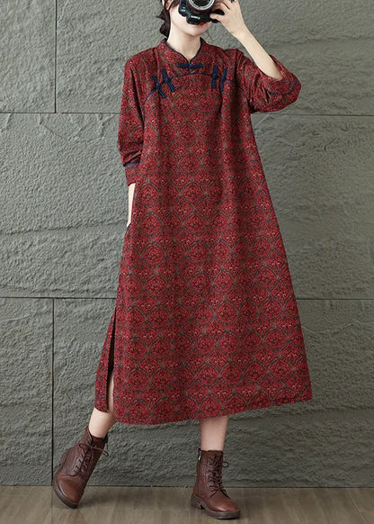 Red Stand Collar Print Oriental Button Cotton Dress Fall