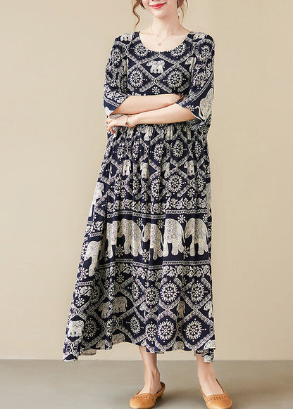 Loose Black O-neck Print Maxi Cotton Dress Half Sleeve Summer