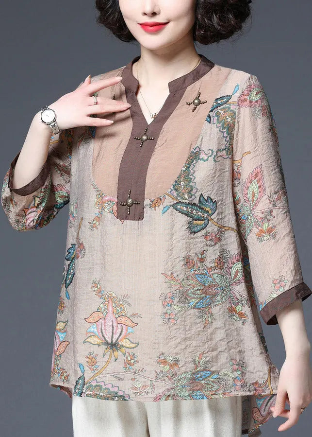Light Chocolate V Neck Sequined Patchwork Print Chiffon Tops Half Sleeve