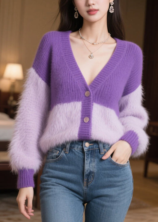 Purple Oversized Patchwork Knit Loose Coats Winter