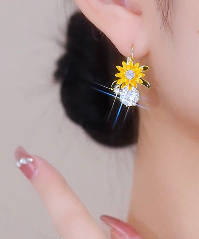 Gold Copper Overgild Zircon Sunflower Drop Earrings