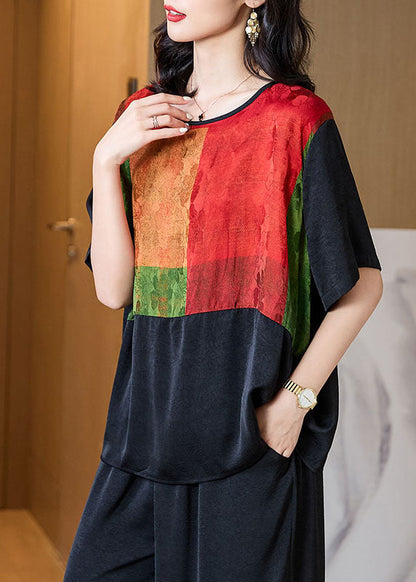 Black O Neck Print Patchwork Silk T Shirt Tops Half Sleeve