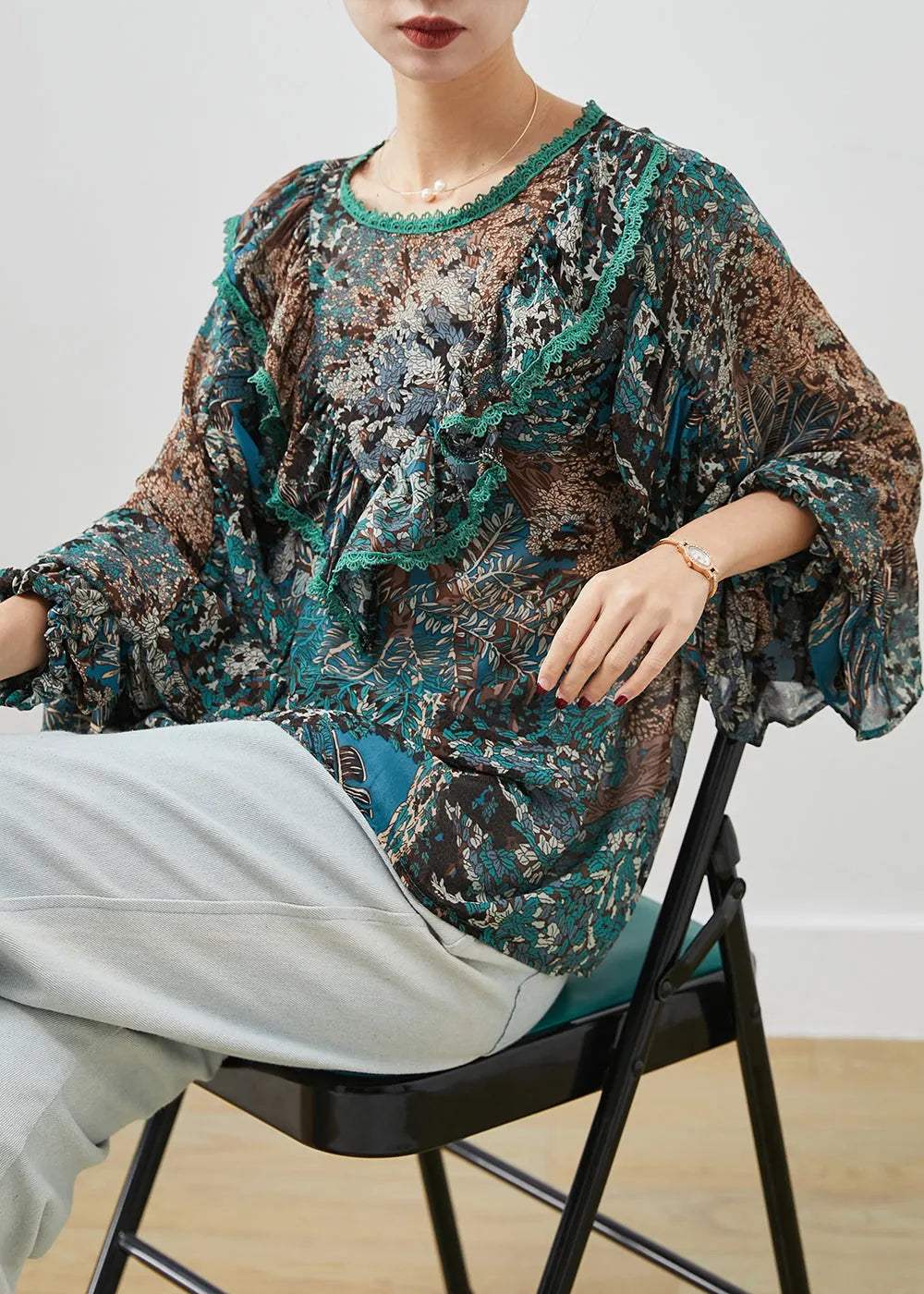 Green Ruffled Print Chiffon Tops Lantern Sleeve