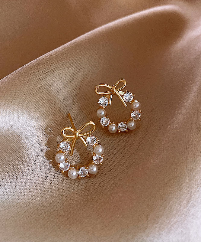 Gold Copper Alloy Zircon Pearl Bow Hoop Earrings