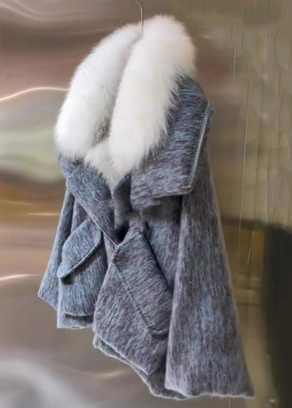 Grey Fur Collar Pockets Cotton Filled Coat Winter