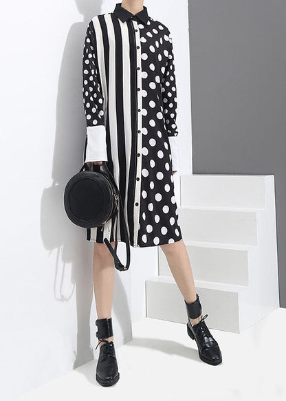 Black Button Peter Pan Collar Striped Dot Patchwork Shirt Dresses Spring