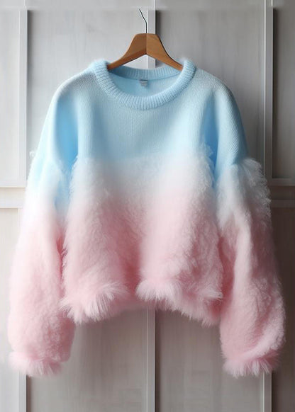 Gradient Color Fluffy Patchwork Cozy Cotton Knit Sweaters Fall