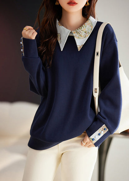 Navy Peter Pan Collar Patchwork Warm Fleece Pullover Tops Winter