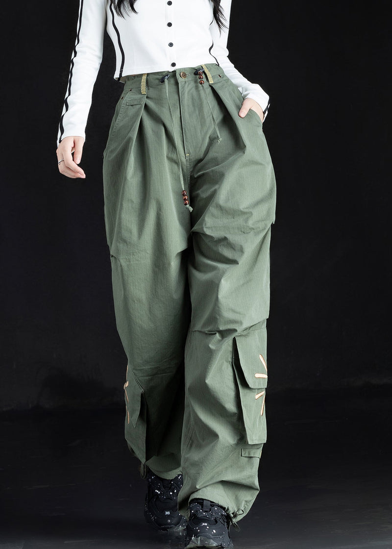 New Green Embroidered Pockets Cotton Pants Trousers Fall