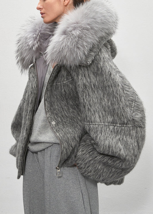 Grey Fur Collar Zippered Duck Down Puffer Coat Winter