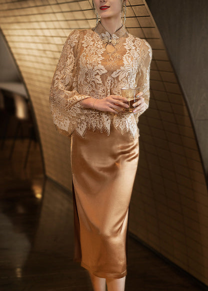 Fine Gold Stand Collar Lace Tops and Dress Silk Two Pieces Set Spring