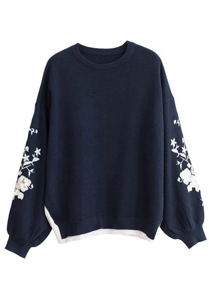 Diy Navy O-neck Sequins Embroideried Fall Knit Sweaters