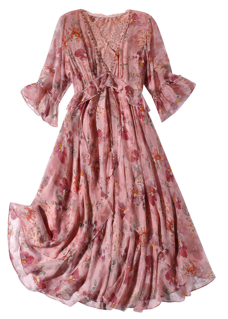 Pink V Neck Print Tie Waist Silk Long Dresses Spring