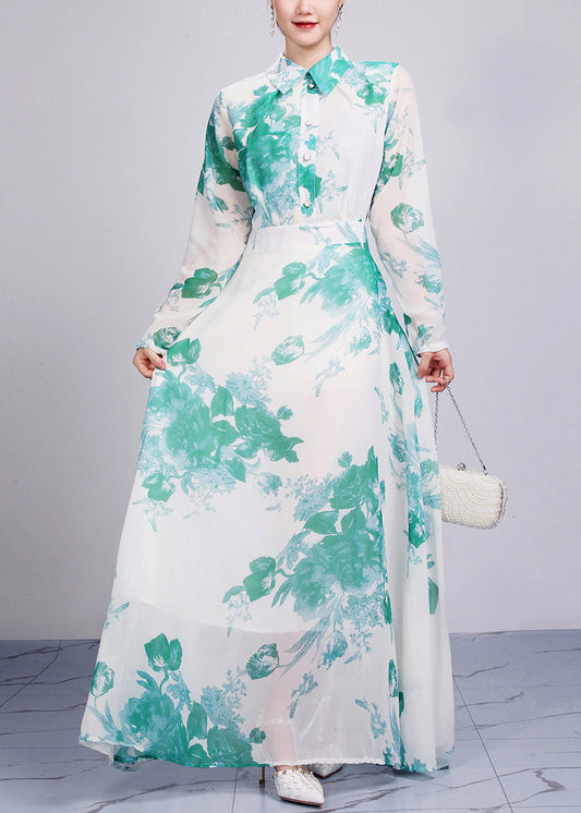 Green High Waist Chiffon Robe Dresses Peter Pan Collar Spring