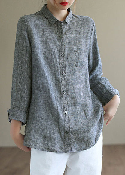 Handmade Grey Peterpan Collar Button Fall Blouses Long Sleeve