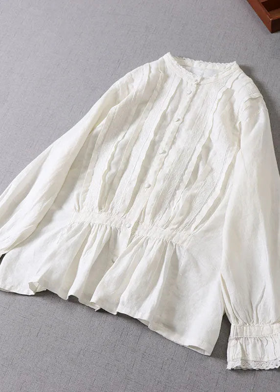 White Wrinkled Patchwork Tops Long Sleeve