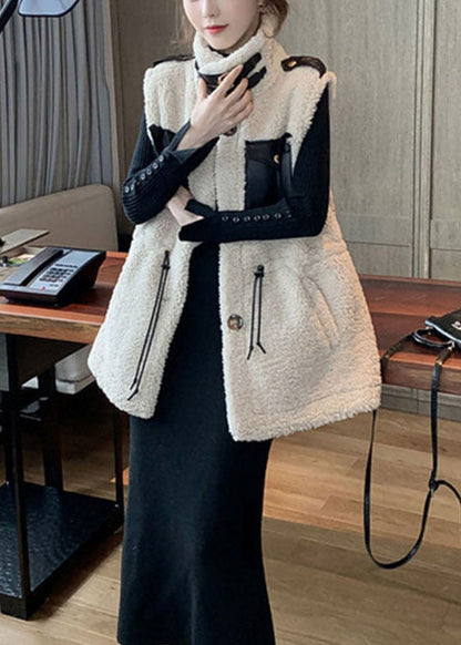 Modern Beige Drawstring Pockets Winter Sleeveless Teddy Vest Jacket