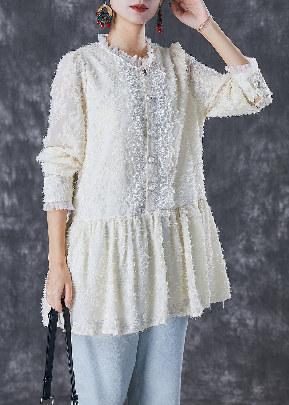 Beige Silm Fit Patchwork Lace Cotton Blouses Fall