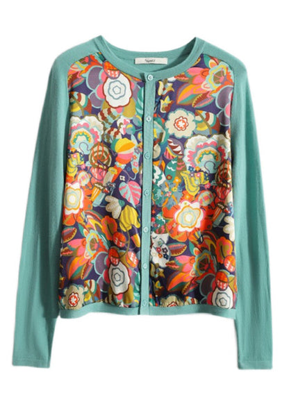 Green O-neck Print Chiffon Patchwork Button Knit Top Long Sleeve