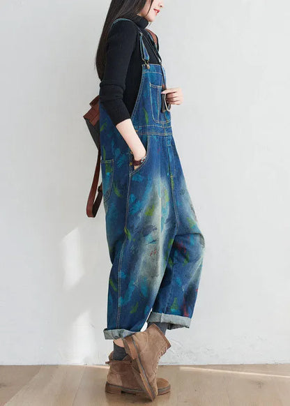 Blue Patchwork Print Denim Jumpsuit Spring