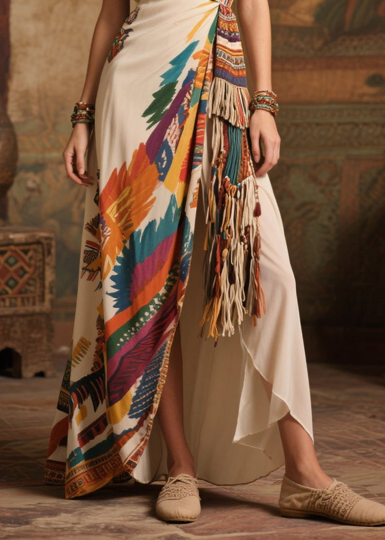 Tasseled Print Side Open Chiffon Holiday Dress Summer