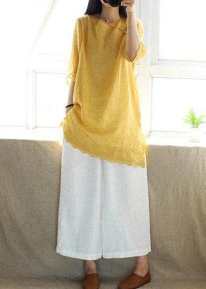 Classy V Neck Half Sleeve Blouses for Design Yellow Embroidery Top