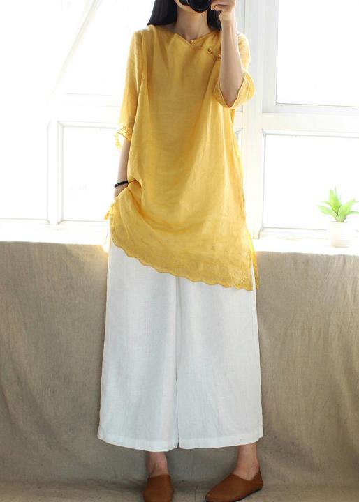 Classy V Neck Half Sleeve Blouses for Design Yellow Embroidery Top