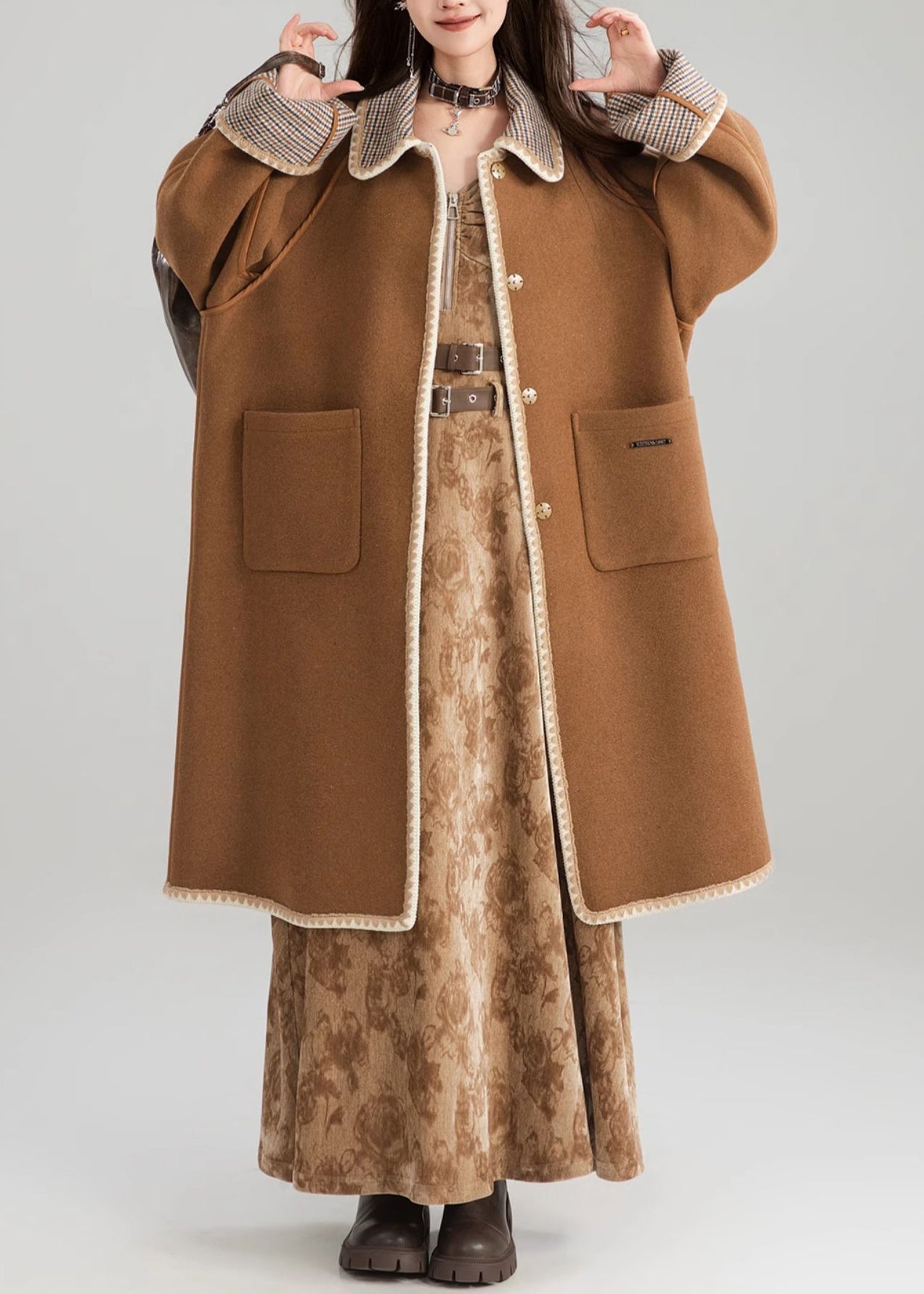 Loose Coffee Button Wear on Both Sides Woolen Coats Spring