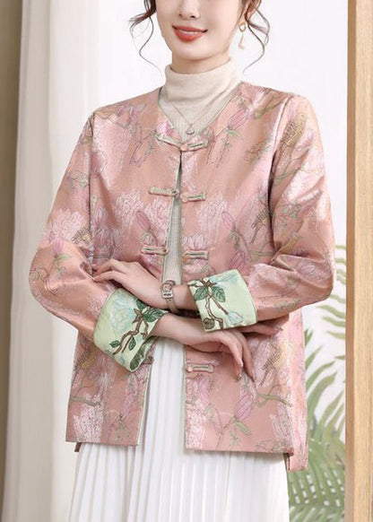 Pink Button Print Silk Coats V Neck Long Sleeve Fall