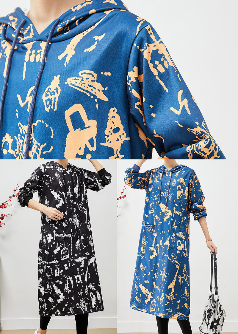 Blue Hooded Print Cotton Sweatshirts Dress Fall