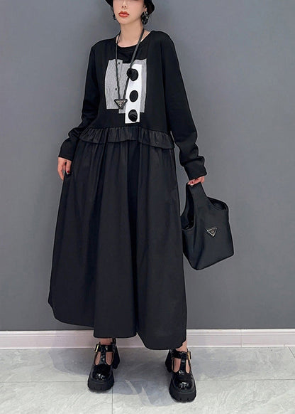 Diy Black Oversized Patchwork Ruffled Cotton Dress Spring