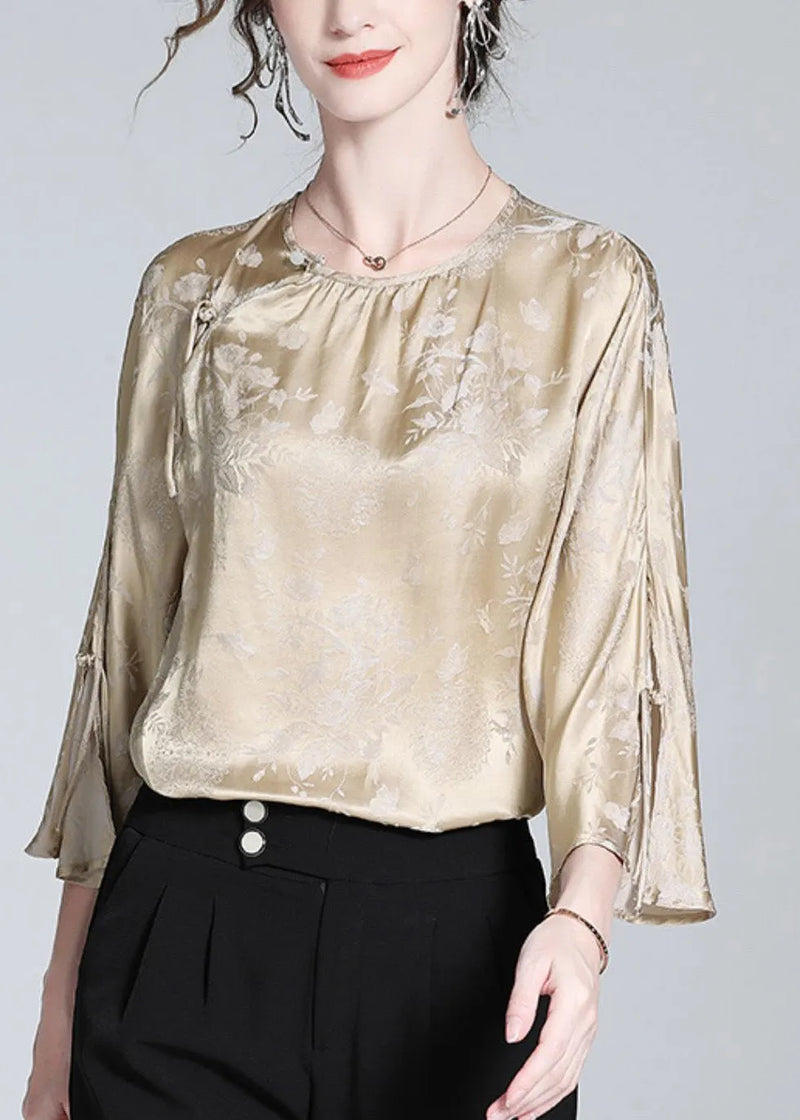 Milk Tea Colour O-neck Button Silk Top Spring