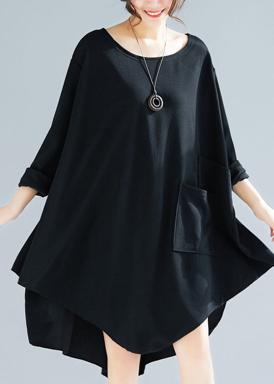 Black Asymmetrical Patchwork Applique Cotton Long Tops Spring