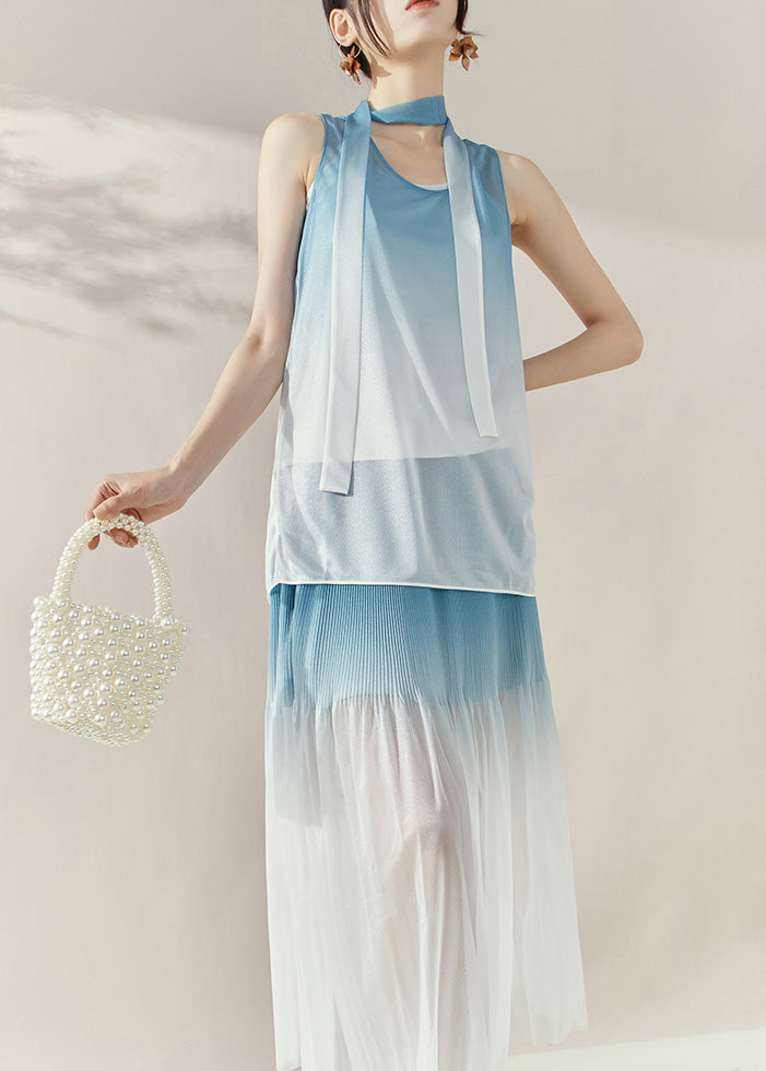 Gradient Color Blue O-neck Silk Cotton Top and Maxi Skirts Two Pieces Set Summer