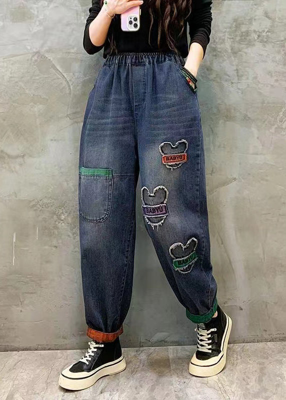 Blue Pockets Patch Elastic Waist Denim Pants Spring