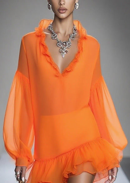 Loose Orange Ruffled Patchwork Chiffon Mid Dresses Spring