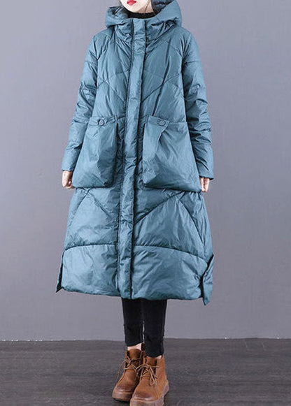 Blue-green Hooded Zippered Oversized Thick Duck Down Puffers Jackets Winter