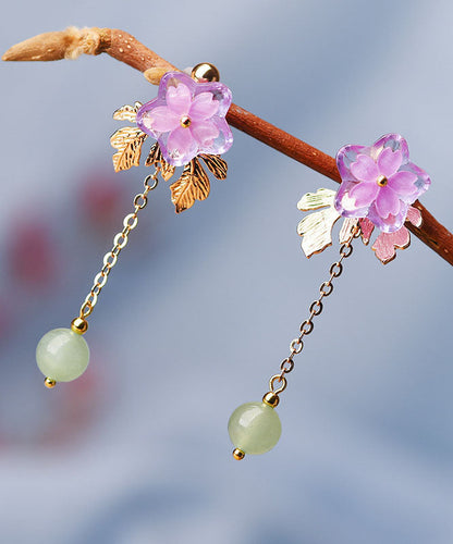 Pink Sun Flower Crystal Fine Jade 14k Gold Tassel Drop Earrings