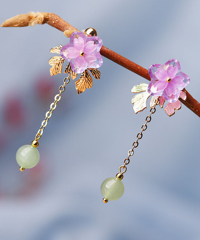 Pink Sun Flower Crystal Fine Jade 14k Gold Tassel Drop Earrings