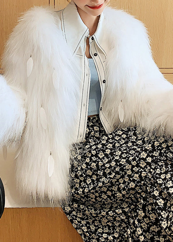 White Raccoon Hair Collar Feather Tassel Leather and Fur Coats Winter