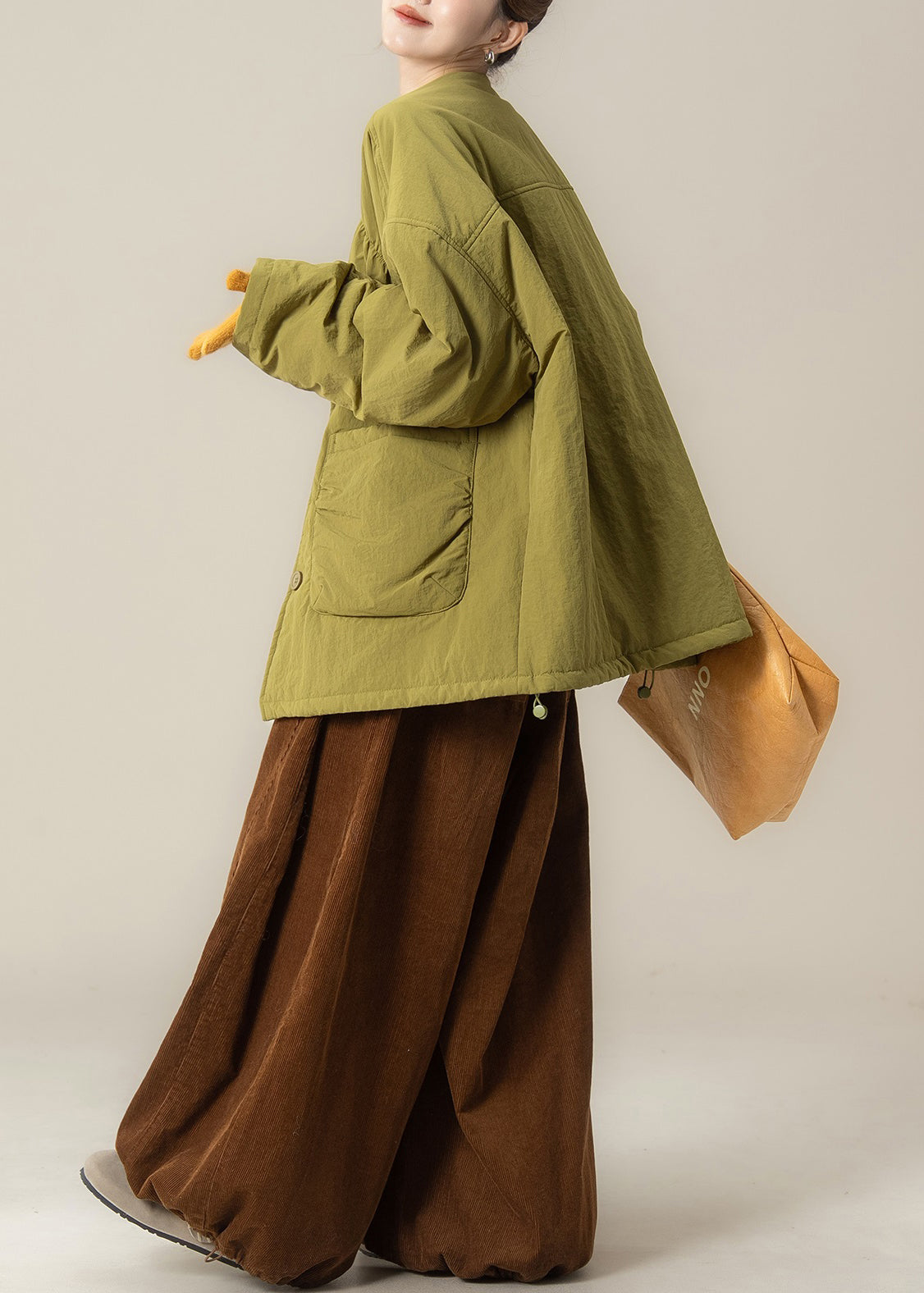 Green Button Cotton Filled Coat and Coffee Drawstring Pants Winter Two Pieces Set O Neck