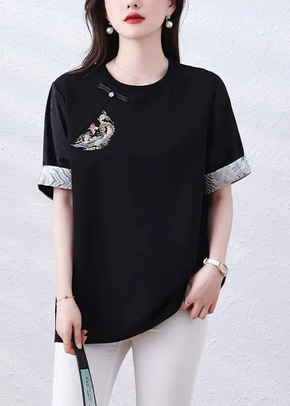 Loose Black Embroidered Patchwork Cotton Shirt Tops Summer