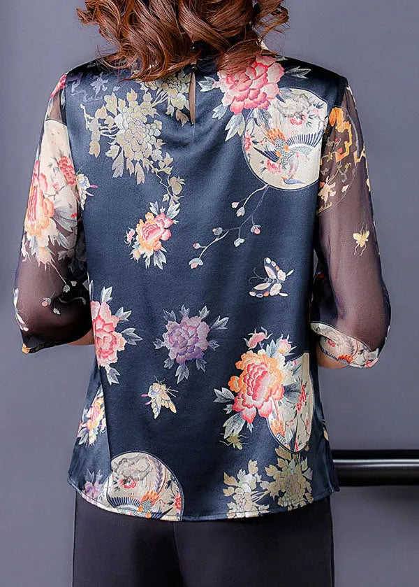 Black Stand Collar Patchwork Tulle Print Silk Shirts Half Sleeve