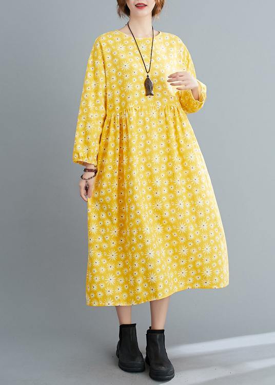 Loose Yellow O Neck Cinched Art Spring Dresses